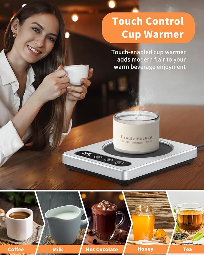 Maestri House ETL Listed Coffee Mug Warmer with 4 Temp Settings & 1-12 Hour Timer, Auto Shut Off for Desk, Smart Electric Beverage Warmer, Candle Melter for Home and Office (Silver)