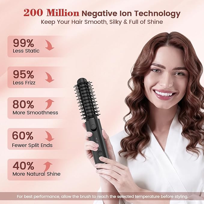 Youbella Cordless Hair Curling Iron Brush, Portable Travel Hair Curler, Mini 1.5″ Heated Round Brush, 3-in-1 USB Rechargeable Straightening Wand for Styling & Smoothing, 200 Million Ionic Care, Black