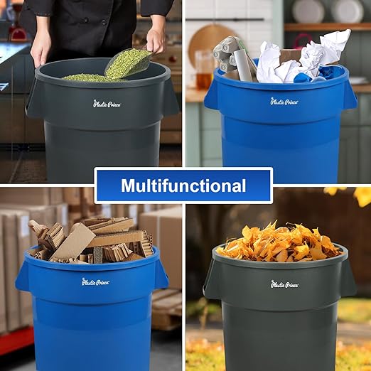 PLASTIC PRINCE 32 Gallon Round Trash Can Container Blue Plastic Commercial Garbage Bin for Home Garage Restaurants Warehouses