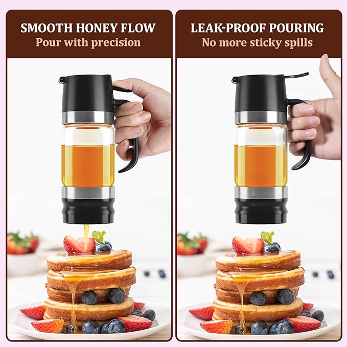 Aelga Glass Honey Dispenser No Drip - 9 OZ Honey Pot Honey Jar with Handle - Maple Syrup Dispenser