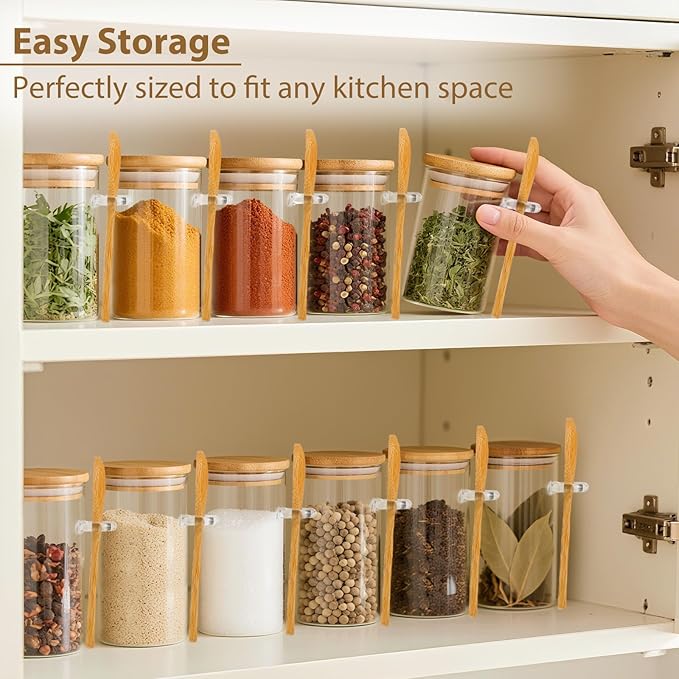 TBWIND 12 Pack 8 oz Round Glass Spice Jars with Lids and Spoons – Airtight Small Spice Containers Set with Labels, Clear Glass Storage Jars for Seasoning, Spices, Kitchen Pantry Organization