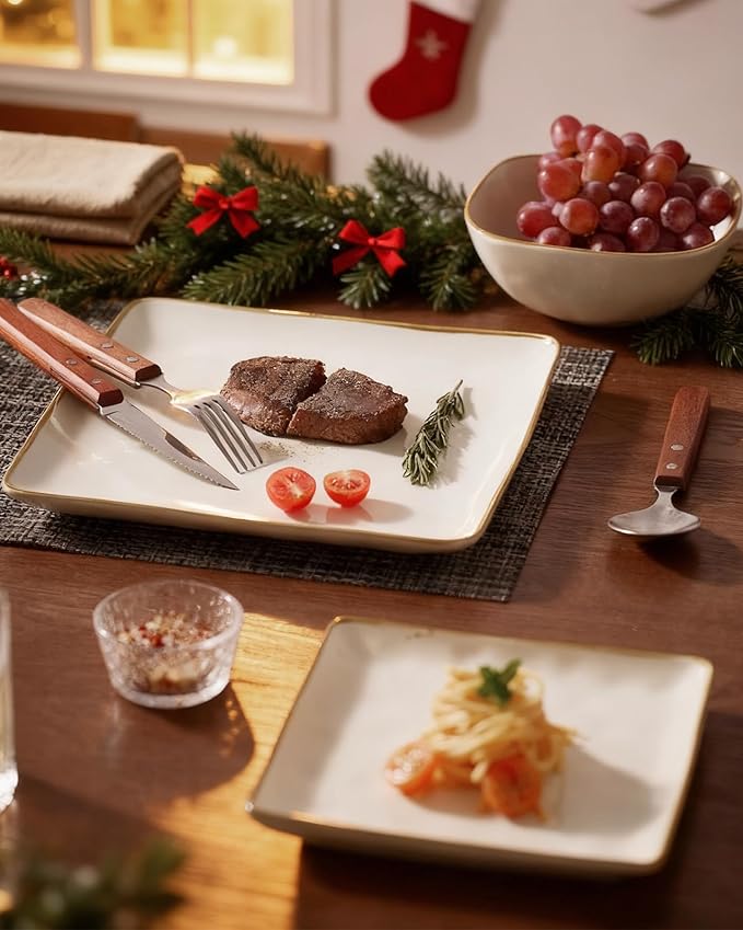 famiware 3 Pcs Rectangular Serving Platter and Dinnerware Set for 4 (12Pcs), Vanilla White