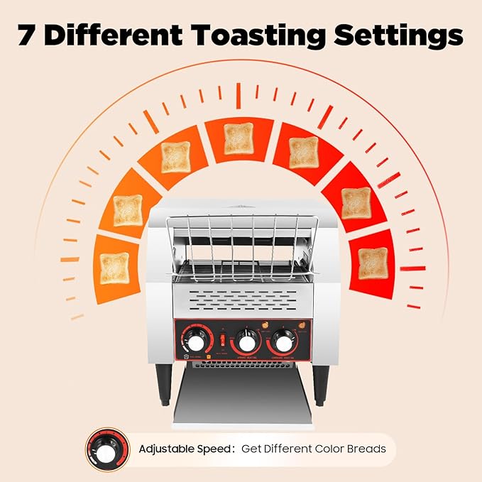 Commercial Conveyor Toaster 2200W, 300 Slices/Hour Stainless Steel Bread Oven with Dual Temp Control & Double Chutes - 7-Speed Adjustable