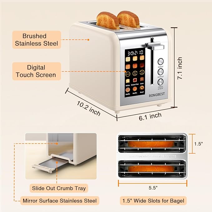 2 Slice Touch Screen Toaster Stainless Steel Digital Touchscreen with Wide Slots, Reheat & Defrost, Even Toasting for Bagel & Bread, Easy Removable Crumb Tray, Cream Color