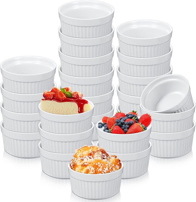 Xinnun 24 Pcs 4 oz Ramekins Creme Brulee Dishes Oven Safe Classic Porcelain Ramekins Set for Baking, Creme Brulee, Souffle, Appetizer, Custard, Pudding, Dipping Bowl, White