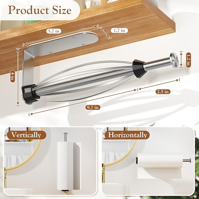 Paper Towel Holder Under Cabinet + Towel Robe Hooks, Single Hand Operable Under Cabinet Paper Towel Holder with Damping Effect Adhesive Wall Mount Paper Towel Rack for Bathroom Kitchen(Silver)