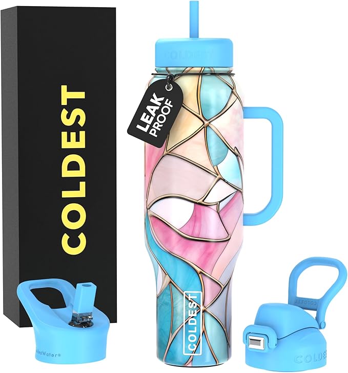 Coldest Tumbler with Handle and Straw - 100% Leak Proof Insulated Tumbler with Lid and Straw (3 Lids) - Stainless Steel Tumblers for Women & Men - Cup Holder Friendly Base, 46 oz (Astroflora)