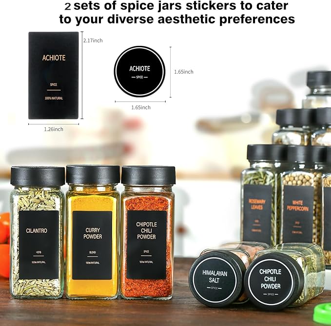 Spice Jars with Label，4oz Glass Spice Bottles With Shaker Lids，Seasoning Containers with Funnel, Chalk Pen for Cabinet，Drawer，Rack (Black, 36)