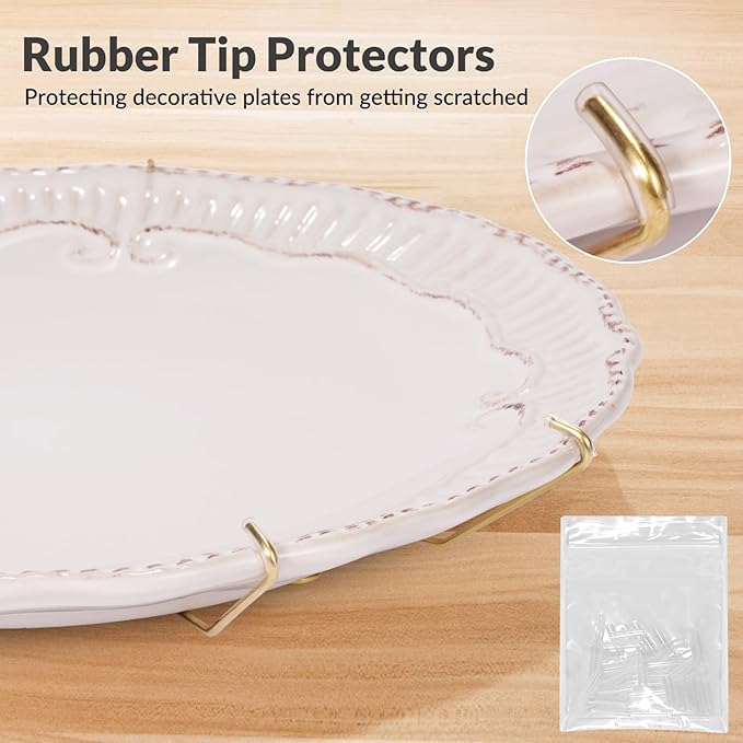 16-Pack Invisible Wall Plate Hangers, 6/8/10/12 Inch Brass Plate Holders with 20-Pack Wall Hooks