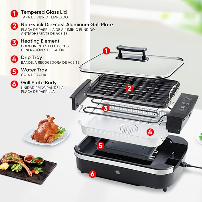 X&E Smokeless Indoor Grill, 1500W Non-Stick Removable Grill Rack & Pan, Adjustable Temperature up to 450°F, Fast Heat Up, Dishwasher Safe, Ideal for Steaks, Burgers, Fish & Veggies, Serves 5 People