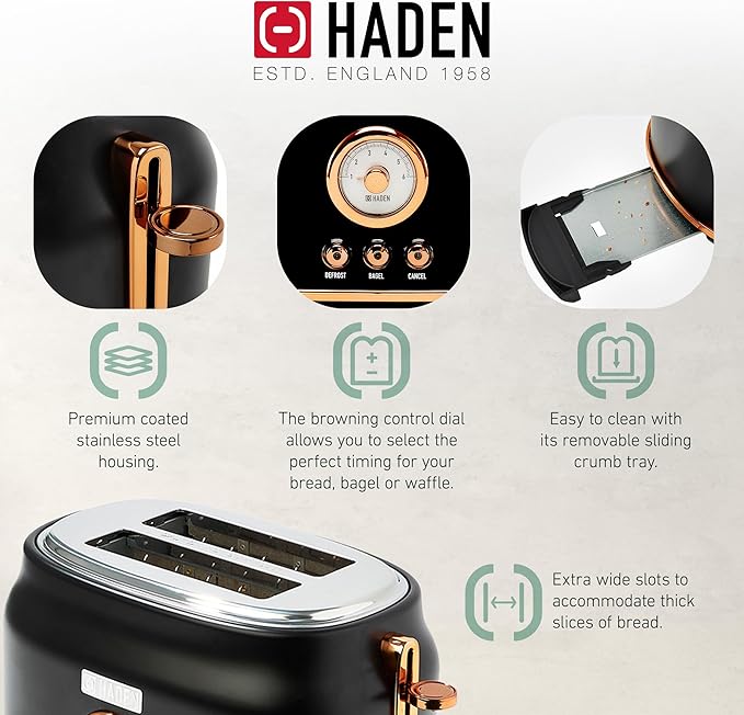 Haden Dorset 1.7 Liter Stainless Steel Electric Kettle with 360-Degree Base Bundled with 2 Slice Wide Slot Stainless Steel Toaster, Black & Copper