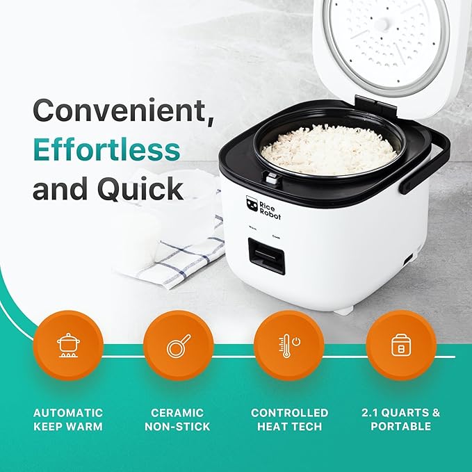 Rice Robot Rice Cooker – Family Size 4 Cup Uncooked (8 Cups Cooked) Electric Rice Maker | PFAS-Free Ceramic Nonstick | Includes Stainless Steel Steamer Tray and Accessories | As Seen on TV