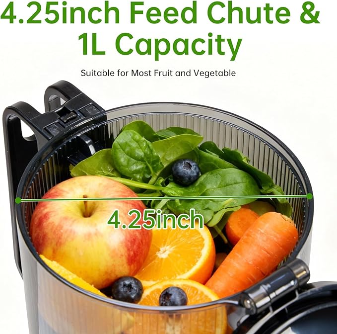 Cold Press Juicer, 92% High Nutrient Retention Slow Masticating Juicer with Wide 4.25" Chute & Reverse Function, Low Heat Oxidation, Easy Clean Quiet Motor, Silver