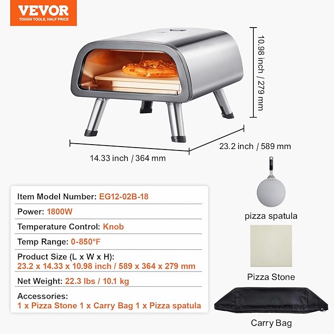 VEVOR 12" Electric Pizza Oven Countertop, Stainless Steel Pizza Maker Machine with Pizza Stone and Spatula, Heats up to 850°F, Multipurpose Indoor & Outdoor Pizza Cooker for Restaurant Home Camping