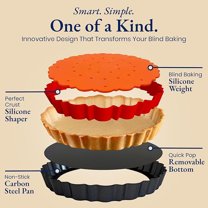 Patz&Patz All-in-One Fluted Tart Pan 9 Inch Removable Bottom Set with Patented Silicone Crust Shaper & Pie Weight | Nonstick Carbon Steel Quiche Baking Dish & Tart Molds for Baking - PFOA & PTFE-Free