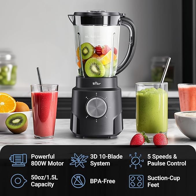 Bear 800W 6-Speed Blender, Smoothie Blender for Kitchen with 50oz(1.5L) BPA-Free Cup/Suction Feet/Feeding Hole/10 blades, Countertop Blender for Smoothies, Crush Ice, Frozen Fruit, Juice and Puree