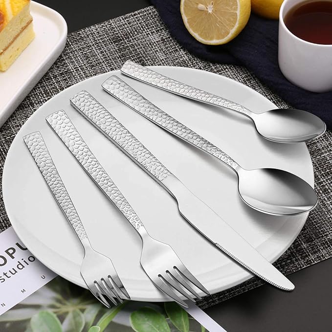 E-far 60-Piece Silverware Set, Hammered Stainless Steel Square Flatware Cutlery Set for 12, Tableware Set Eating Utensils for Home Kitchen Restaurant, Modern Design & Mirror Polished - Dishwasher Safe