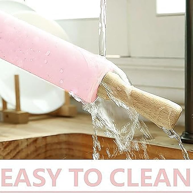 Silicone Rolling Pin for Baking,15inch Pastry Dough Roller with Wooden Handle Non Stick Surface Rolling Pin for Dough Fondant Cookie Pastry Tapered Dumpling Baking Supplies (pink)