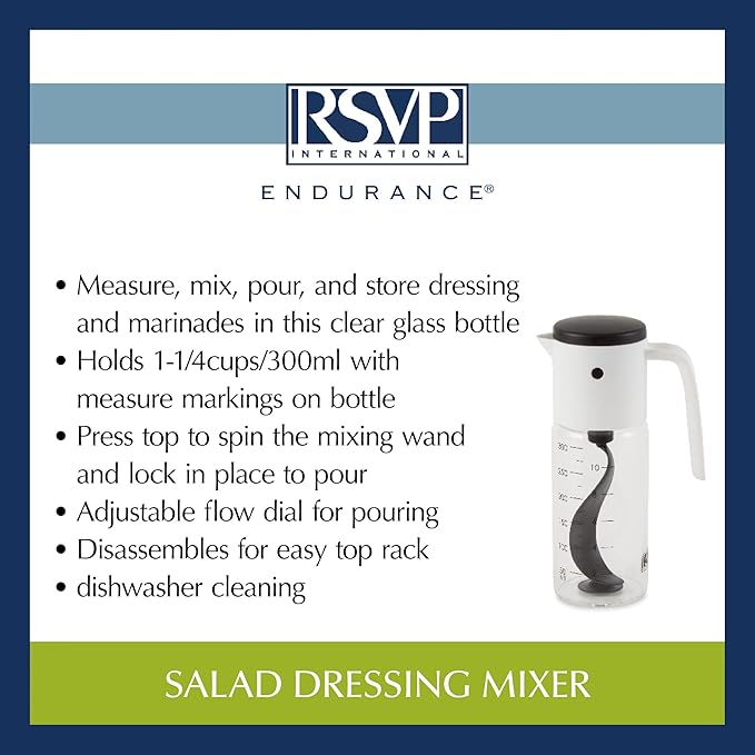 RSVP International Kitchen Accessories Collection Oil & Dressing, Mixer, 1.25 Cup Capacity, Glass Bottom
