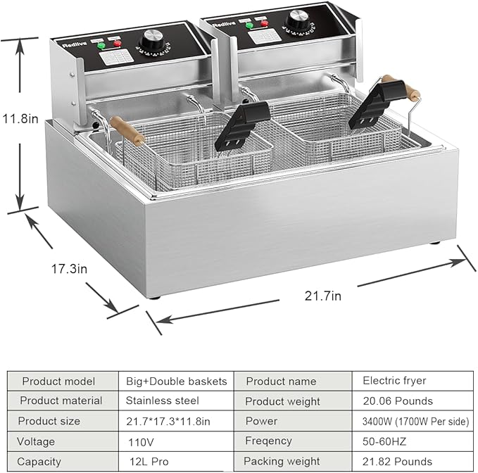 Electric Deep Fryer 22.6L/24QT Stainless Steel Large Capacity Commercial Fryer with Basket, 3400W 110V Countertop Deep Fryer for Home Kitchen and Restaurant Use withTemperature Control