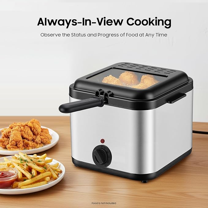 1000W Deep Fryer with Basket, 2.64QT Stainless Steel Electric Deep Fryer for Home Use, Fryer with Adjustable Temperature 176-374°F & Detachable Basket for Chicken, French Fries, Shrimp, Donuts