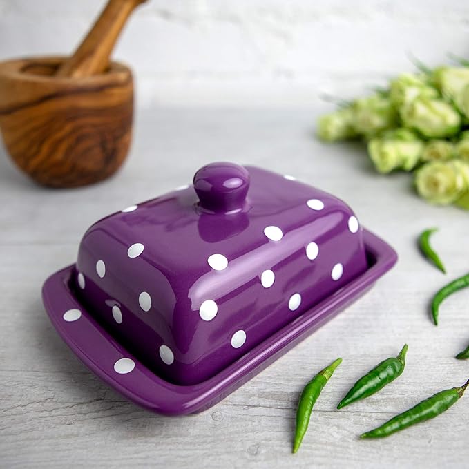 City to Cottage Large Butter Dish with Lid for Countertop, Ceramic Butter Keeper, Butter Container with Knob Handle, Butter Holder Tray with Cover, Handcrafted Purple Polka Dot Butter Dish