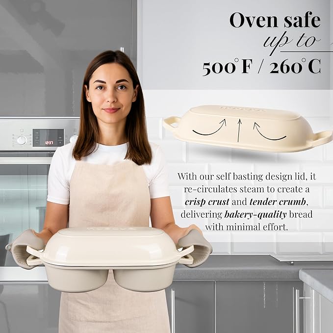 Dutch Oven For Sourdough Bread Baking – Enamelled Cast Iron Bread Loaf Pot – 500°F Oven Safe Non Stick Bread Pot – Double Round Loaf Space, 16.5cm Diameter, Cream, – by Nuovva