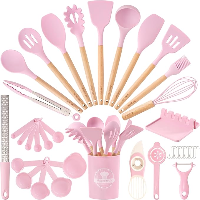 Astercook Kitchen Utensils set, 39 PCS Silicone Cooking Utensils Set with Wooden Handle, 446°F Heat Resistant Food Grade Utensil Sets, BPA Free Kitchen Gadgets Tools Set for Nonstick Cookware (Pink)