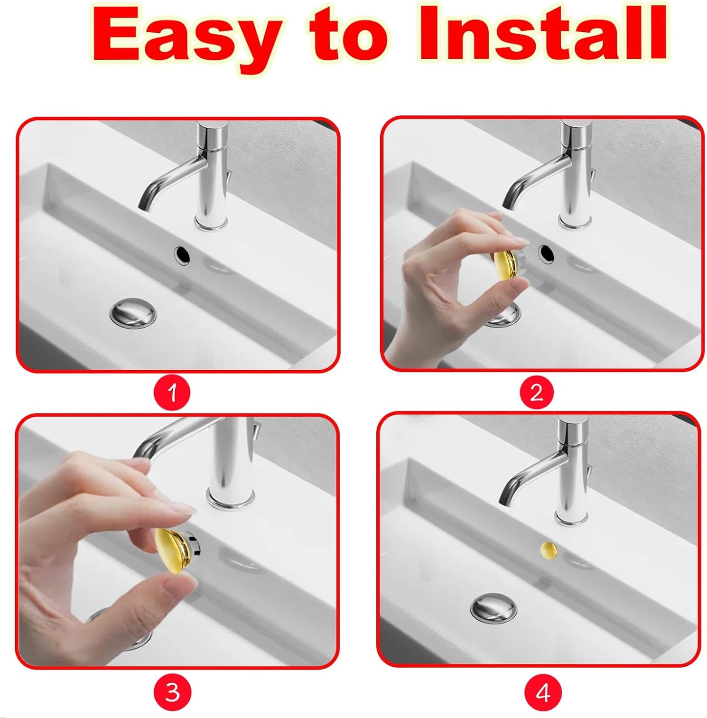 2 Pack Sink Basin Overflow Trim Ring,Solid Brass Bathroom Sink Trim Overfollow Cover,Sink Trim Overflow Cover Insert in Hole Round Caps or Kitchen Bathroom(Bright Gold)
