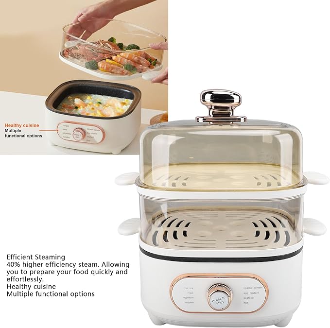 2 Tier Electric Food Steamer, 1200W Stackable Steam Cooker Electric Hot Pot Vegetable Steamer for Vegetable Seafood Soup Noodles Ramen Cooker (US)