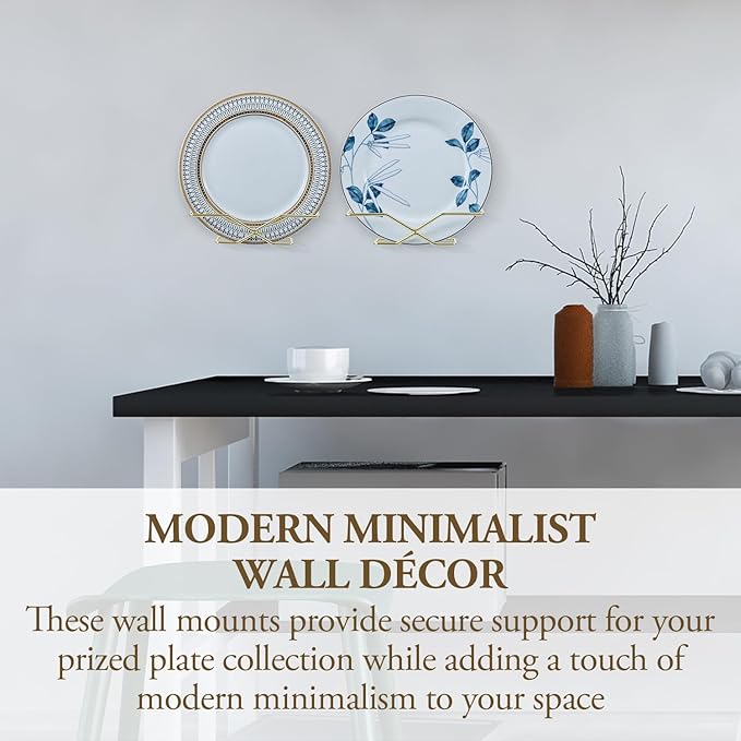 MyGift Deluxe Wall Mounted Brass Tone Metal Wire Vertical Hanging Plate Holder Rack, Decorative Modern Minimalist Hangers for 10 Inch Collectible Plates, Set of 2