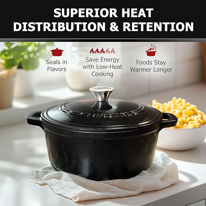 MUELLER HOME 7.5 QT Enameled Cast Iron Dutch Oven, Heavy-Duty, Oven-Safe up to 500° F & Across All Cooktops, Casserole Dish and Braiser Pan with Lid and Stainless Knob, Black