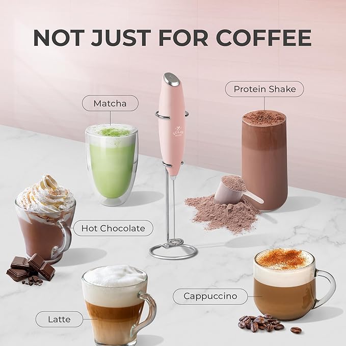 Zulay Kitchen Powerful Milk Frother Wand With 4 AA Duracell Batteries - Ultra Fast Handheld Drink Mixer - Electric Whisk Foam Maker for Coffee, Lattes, Cappuccino, Matcha & Creamer - Pink Salt