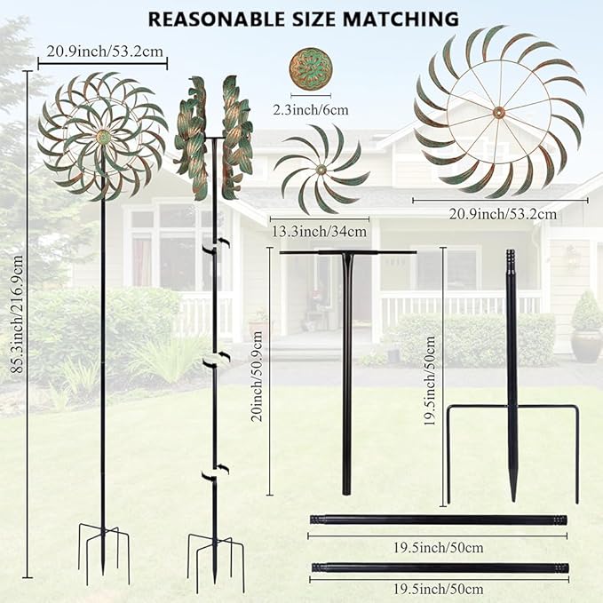 Viveta Large Outdoor Wind Spinner,21 * 85 inches Metal Wind Sculpture with 4 Sturdy Stakes,Green Double Wind Spinners,Decorative Windmill for Yard and Garden