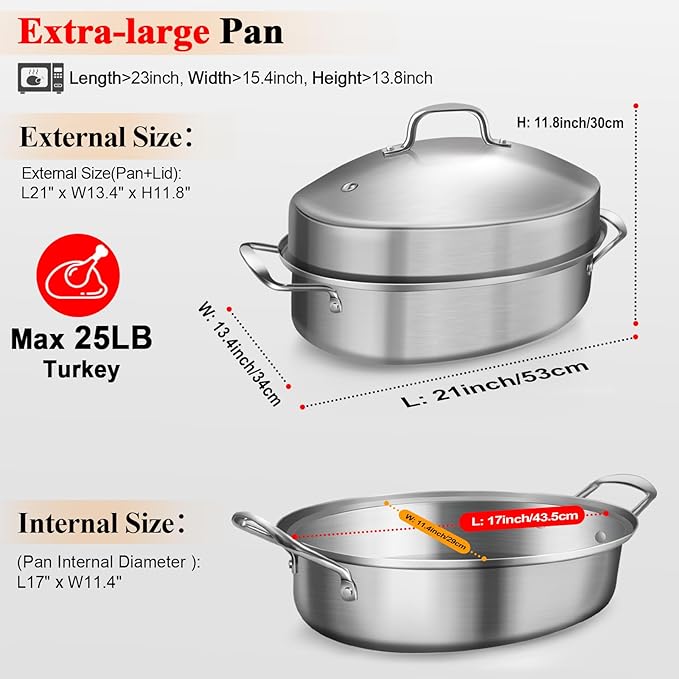 GRILL BUMP Roasting Pan, 21x13x11 Inch, Silver, Rectangular, Stainless Steel, 25LB Capacity, Turkey & Chicken Roaster with Rack and Lid