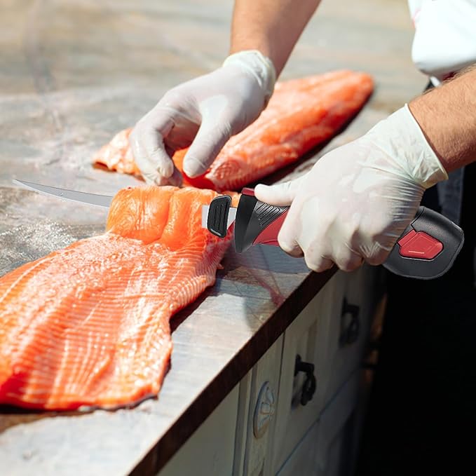 Cordless Electric Fillet Knife - 5 Ti-Nitride Coated Non-Stick Blades, Ergonomic Non-Slip Grip Handle & Cooling Vent Stylish with Carry Bag,Perfect Electric Knife for Effortless Fishing (Red)