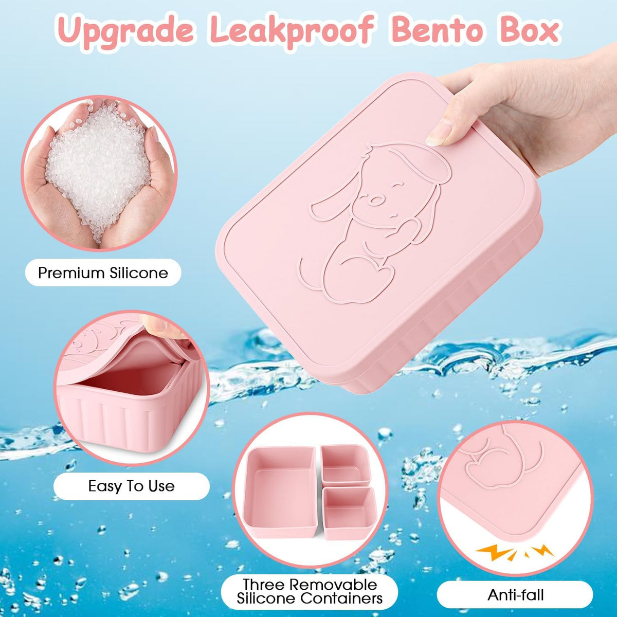 Bento Lunch Box for Kids-Reusable Silicone Kids Bento Box Lunch Container Leakproof Lunchbox Meal Prep Food Storage Containers with 3 Removable Compartments–Dishwasher Safe/BPA Free/Portion Control