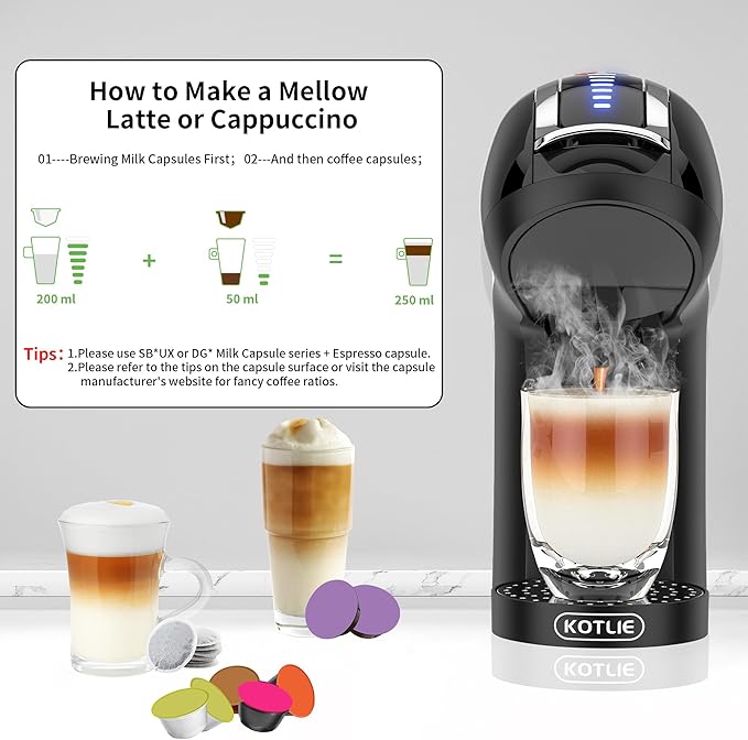 KOTLIE Single Cup Coffee Maker, Multi Capsule Machine Compatible With Various Capsule Types, 4 Temperature Settings, 7 Water Volume Levels,19 Bar(Glossy Black)