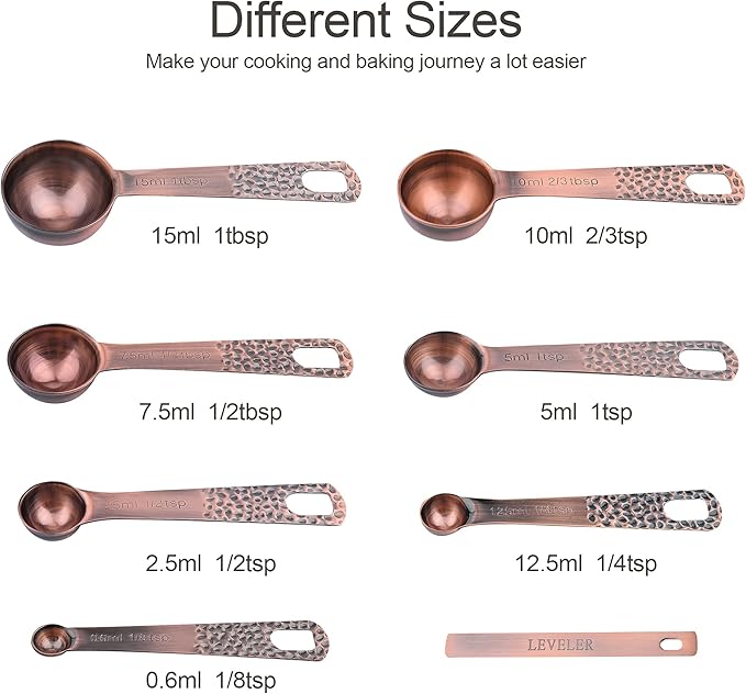 Copper Measuring Cups and Spoons Set for Drying & Liquid, Stainless Steel 6 Copper Measuring Cups and 7 Measuring Spoons with 1Leveler and 2 Locking Rings for Kitchen