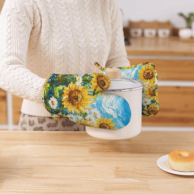 Oven Mitts and Pot Holders Sunflower Daisy Flower Art Silicone Kitchen Accessories Set of 4 Heat Resistant Long Gloves Potholder Non-Slip Grip for Chef Cooking Baking Grilling BBQ