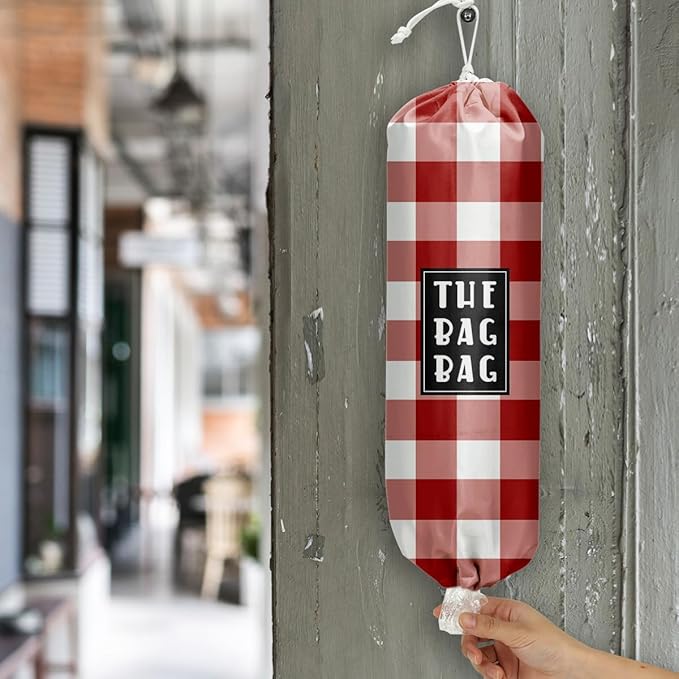 Plastic Bag Holder,Reusable And Washable Grocery Bag organizer,for Home Kitchen Travelling Camping Decor, use 1 Pack, Red And White Plaid Pattern