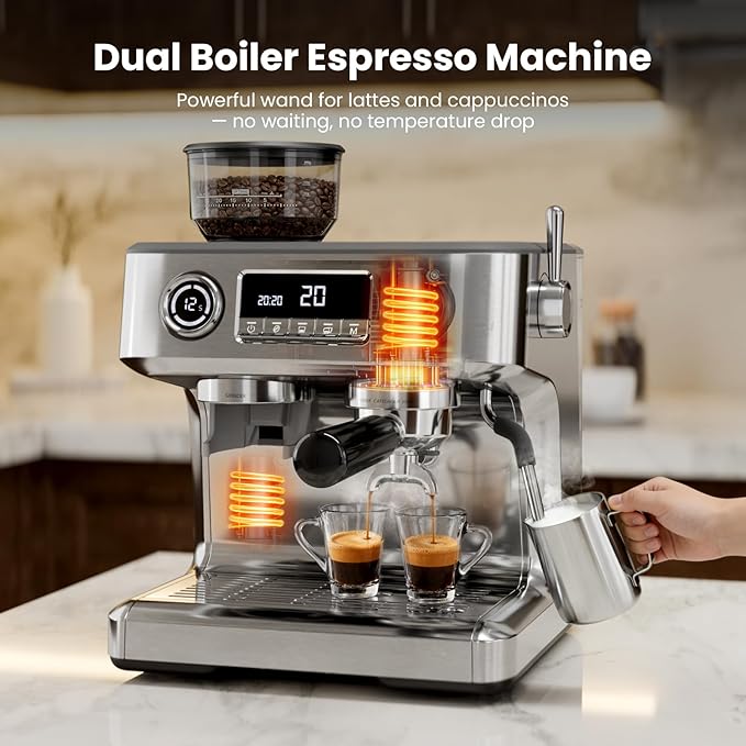 Kismile Dual Boiler Espresso Machine with Grinder, 20 Bar Espresso Maker with Milk Steamer & Hot Water, Dual LED Display, Pressure Gauge, Burr Grinder, coffee Machine for Home&Office, Stainless Steel