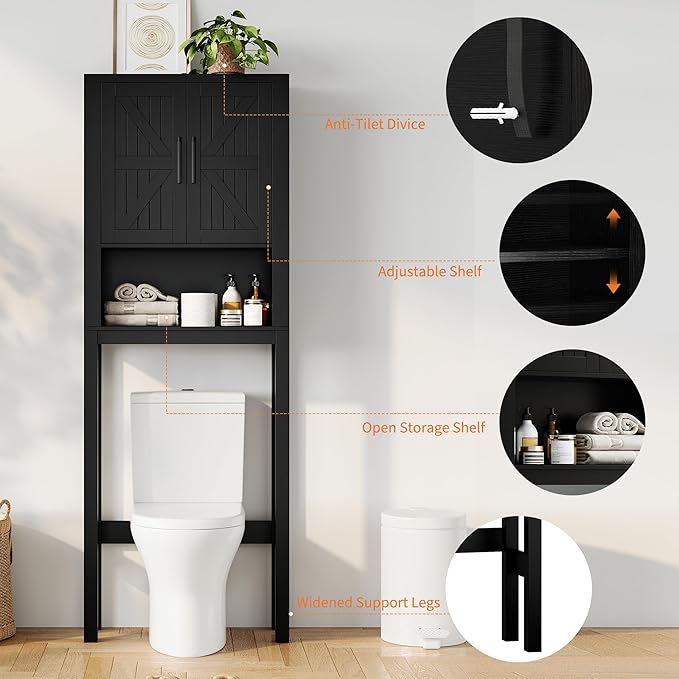 IDEALHOUSE 23.6 Inches Wide Toilet Rack with Over The Toilet Storage Cabinet, Bathroom Shelf Organizer with Anti-Tip Device, Small Freestanding Space Saver with Adjustable Shelf (Black 23.6" W)