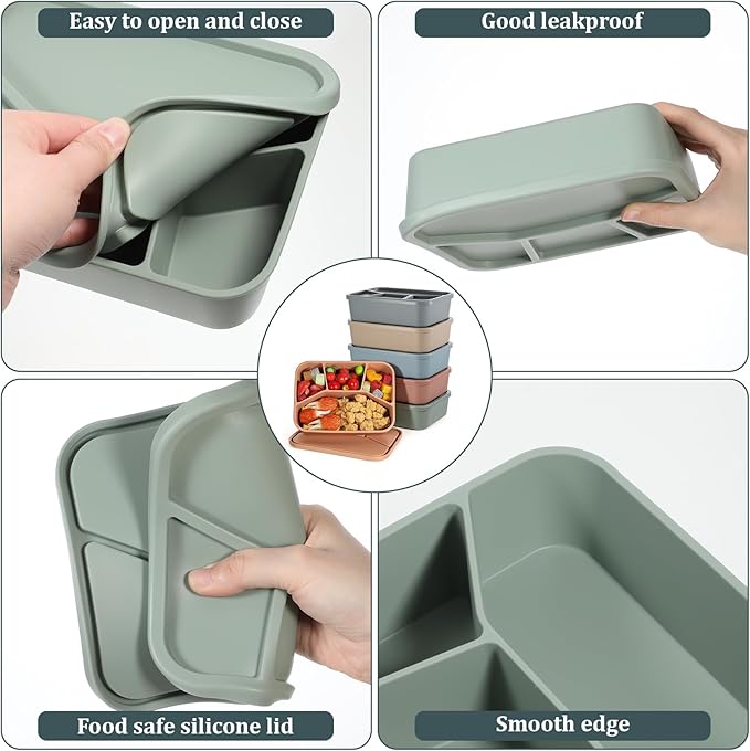 SHENLIU 6 Pcs Silicone Bento Box, 6 Colors Reusable Lunch Container 4 Compartment LeakProof Lunch Container 42 OZ Unbreakable Meal Prep Food Storage for Adult Oven Dishwasher Safe