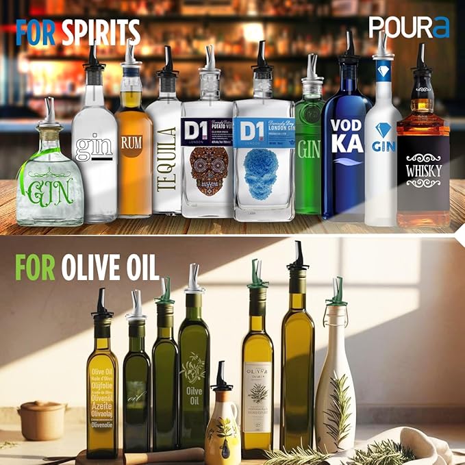 24 Liquor Bottle Pourers - Hygienic ClickSeal Alcohol Speed Pour Spouts - Stops Barfly, Dishwasher Safe. Also for Olive Oil, Juice, Syrup. Black 24Pk with 2 Adapters for Large Bottles
