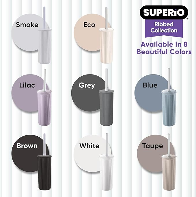 Superio Ribbed Collection - Decorative Plastic Toilet Bowl Brush and Holder Set, Grey (1 Pack) Cleaner Scrubber for Bathroom