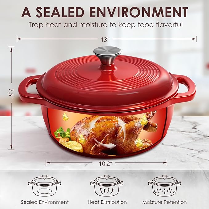 Enameled Cast Iron Dutch Oven Pot With Lid - AIVIKI 5QT Dutch Oven for Bread Baking With Cotton Potholders - Heavy-Duty Cookware for Braising, Stew, Roasting, Oven Safe up to 500°F, Red