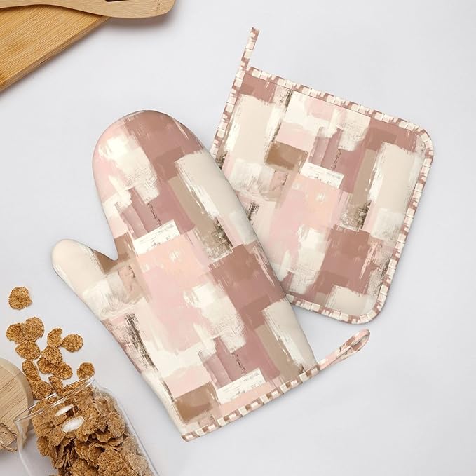 Oven Mitts and Pot Holders Set, Modern Art Dusty Pink Abstract Silicone Kitchen Accessories 4 Piece Heat Resistant Long Gloves Potholder Non-Slip Grip for Chef Cooking Baking Grilling BBQ