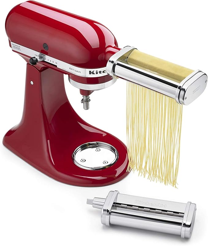 KitchenAid Classic Series 4.5 Quart Tilt-Head Stand Mixer K45SS, White & KSMPCA Pasta Cutter Attachment Set (2 Piece), One Size, Silver