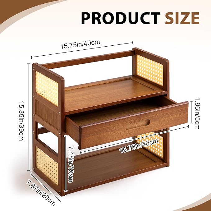 Yalikop Matcha Station Organizer 2 Tier Bamboo Mug Stand Shelf with Hidden Drawer Home Coffee Station Organizer for Whisk Set Bowl Cup Kitchen Countertops Bars 15.75" x 7.87" x 15.35"(Brown)
